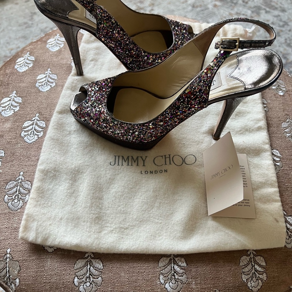 Jimmy Choo Multicolor Glitter Peep-Toe Slingback Heels